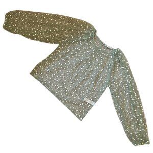 Zara Sheer Puff Sleeve Green with White Dot Pullover Blouse Women's Medium